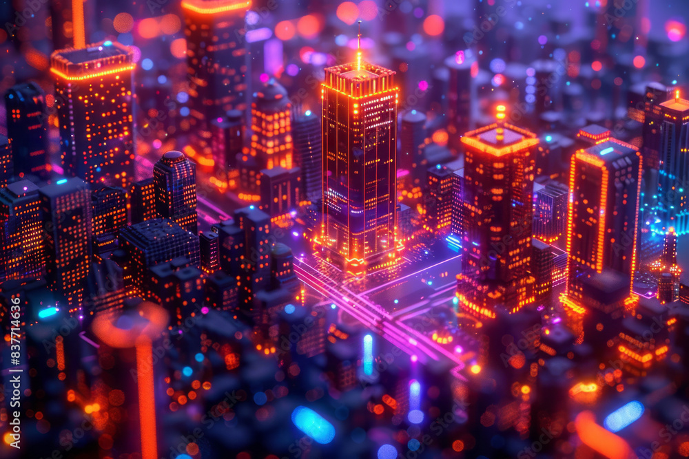 An abstract 3D pixel art representation of a cityscape at night, with glowing windows and neon lights, An abstract 3D pixel art representation of a cityscape at night, with glowing windows and neon lights,