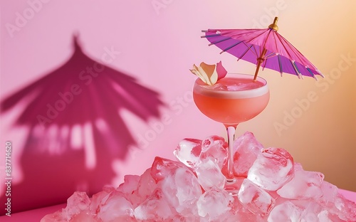 Summer refreshment pink drink with ice light pink rose cocktail on a pink background with bright shadows