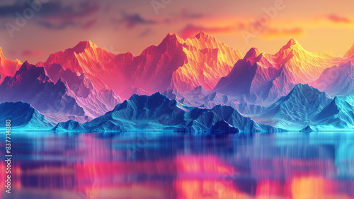 A 3D pixel art rendering of a geometric landscape, with sharp peaks and valleys in contrasting colors,