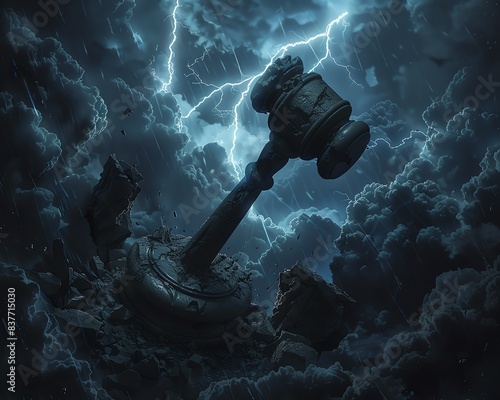 Gothic style illustration of a shattered gavel surrounded by dark clouds and lightning, portraying a crisis in the judicial atmosphere photo