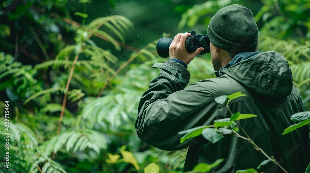 Fototapeta premium A man wearing a green jacket uses binoculars to watch birds or wildlife, representing observation and nature exploration