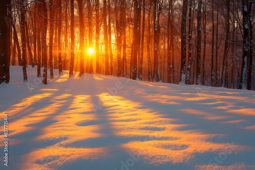 Winter Sunrise in Snowy Forest Featuring Sunlight Casting Shadows for Nature and Landscape Design