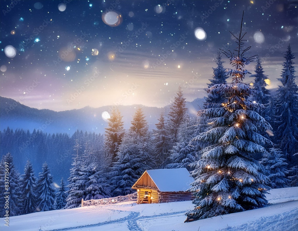 Fototapeta premium Celebrating christmas eve in a cozy cabin high up in the mountains. Snow is falling, creating a magical winter wonderland