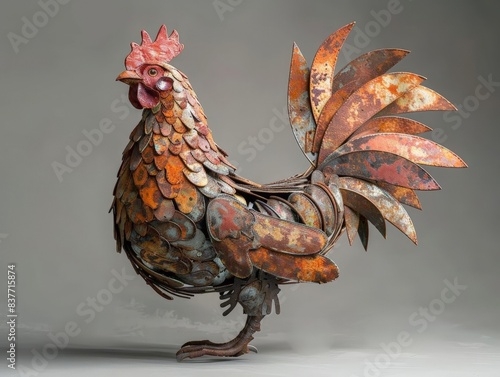 Chicken sculpture from metal springs, rustic style, earthy tones, with detailed feathers and comb