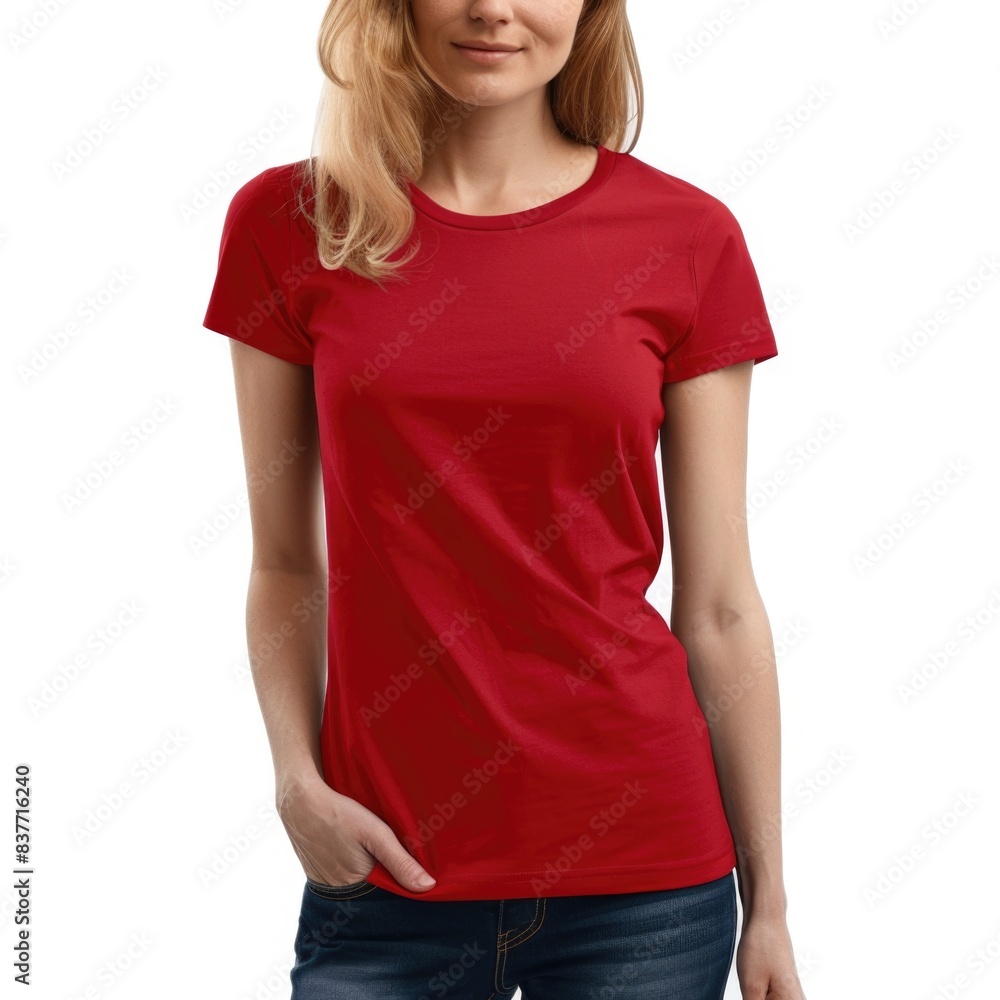 Fototapeta premium Cherry Red t-shirt with a round neckline, solid color, white background.