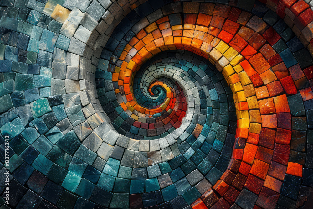Naklejka premium An abstract digital mosaic of a spiral pattern, with 3D pixels creating depth and movement,