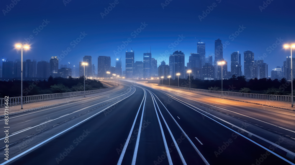 Modern Cityscape with Empty Highway at Night Modern Cityscape with Empty Highway at Night