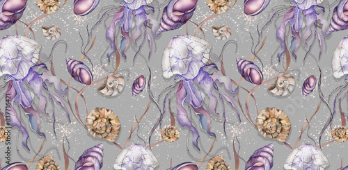 Seamless Pattern. Seashell, Jellyfish, Algae. Watercolor illustration. Lilac Background. for Invitations, Summer Accessories, Postcards, Travel Lists, Travel Agency, Wallpaper, Packaging Cosmetic