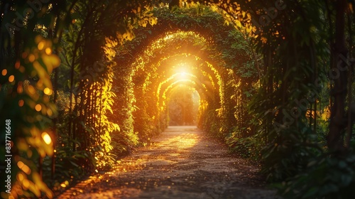 Botanical walkway  arched trellis  sunlit path close up  focus on  copy space  warm and inviting  Double exposure silhouette with arches