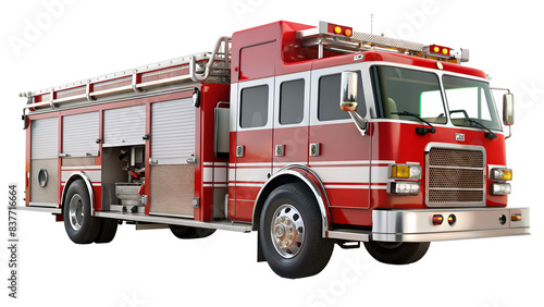 Red fire truck with emergency equipment png isolated on transparent background