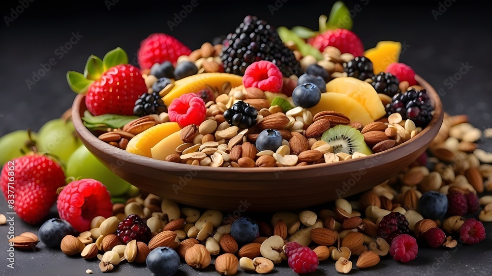 Various superfoods showcased in an enticing arrangement, with a mix of fresh fruits, succulent berries, and crunchy nuts and seeds. Various superfoods showcased in an enticing arrangement, with a mix of fresh fruits, succulent berries, and crunchy nuts and seeds.
