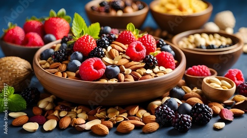 An assortment of healthy foods  featuring superfoods like berries  nuts  and seeds  displayed in a visually appealing composition.