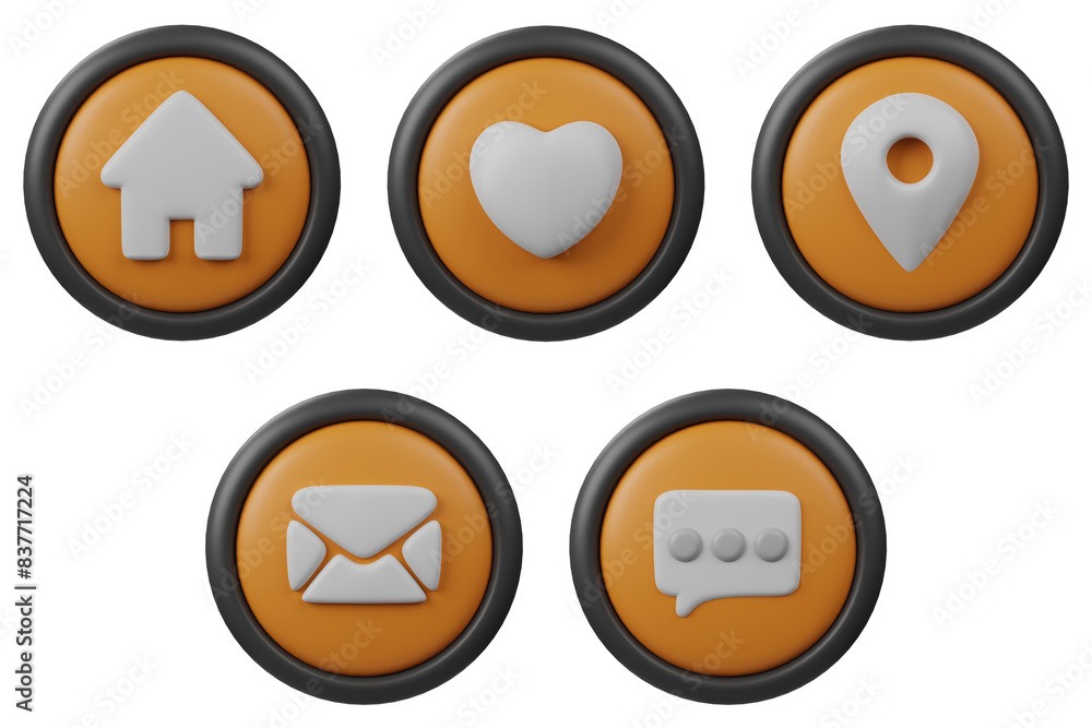 3D Set Button Icon Location, Love, home, mail and message with Orange Color and Black Border for Creative User Interface and web design button 3D Set Button Icon Location, Love, home, mail and message with Orange Color and Black Border for Creative User Interface and web design button