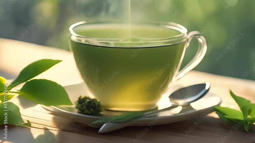a cup of green tea on a rustic table outdoors. a cup of green tea on a rustic table outdoors.