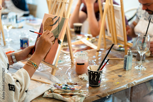 Sip and Paint Event. Group painting class with wine and creativity
