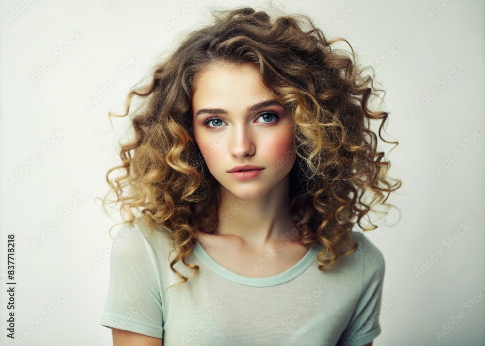 Beautiful woman face with curly hair nude shoulders cosmetology and spa or hair care concept on white background copy space Beautiful woman face with curly hair nude shoulders cosmetology and spa or hair care concept on white background copy space