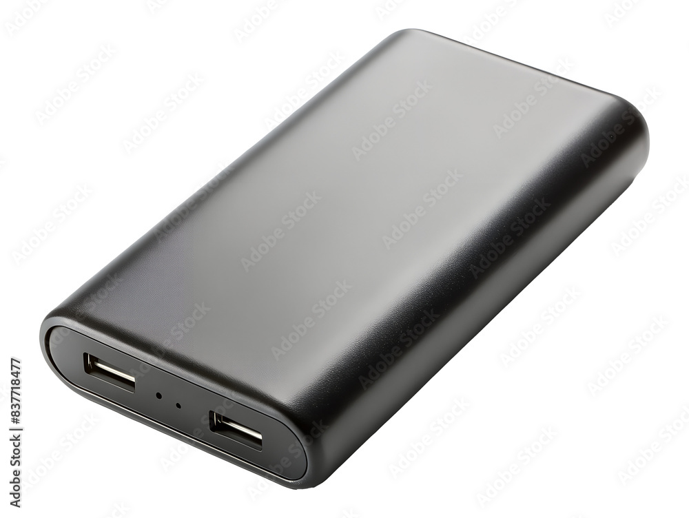 Portable black power bank with dual USB ports png isolated on transparent background Portable black power bank with dual USB ports png isolated on transparent background