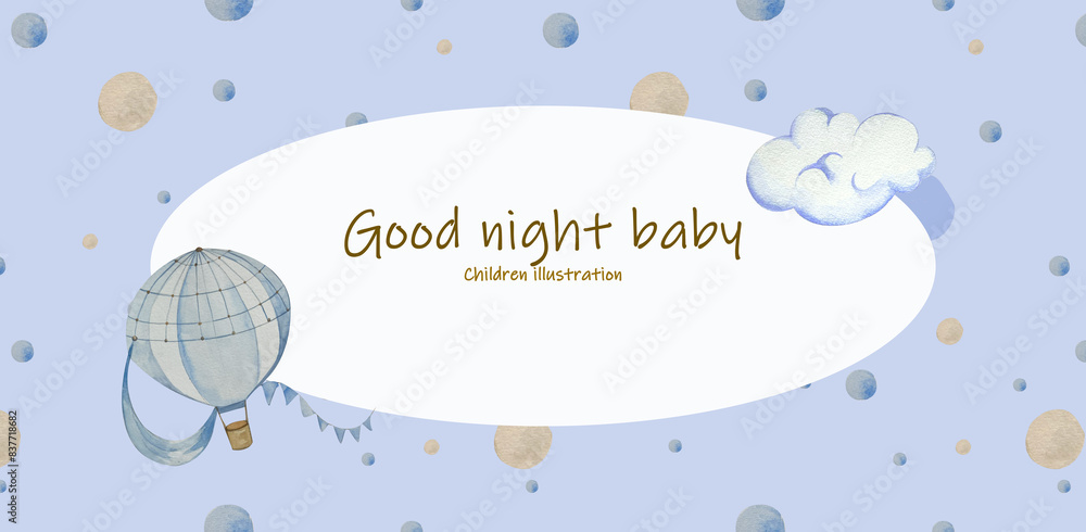 Oval Frame Background Watercolor Circles, Hot Air Balloon with Flags and Ribbons, Cloud. In Beige, Blue Tones. Children's Illustration. For Business Cards, Photo Frames, Postcards, Invitations. Oval Frame Background Watercolor Circles, Hot Air Balloon with Flags and Ribbons, Cloud. In Beige, Blue Tones. Children's Illustration. For Business Cards, Photo Frames, Postcards, Invitations.