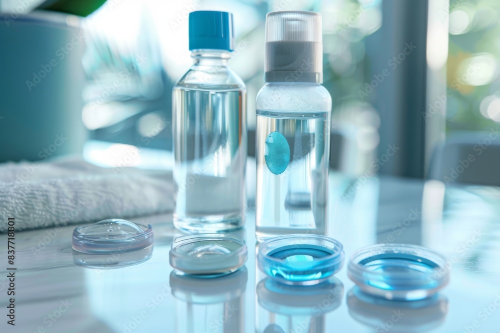 Contact lens accessories and products on table Contact lens accessories and products on table