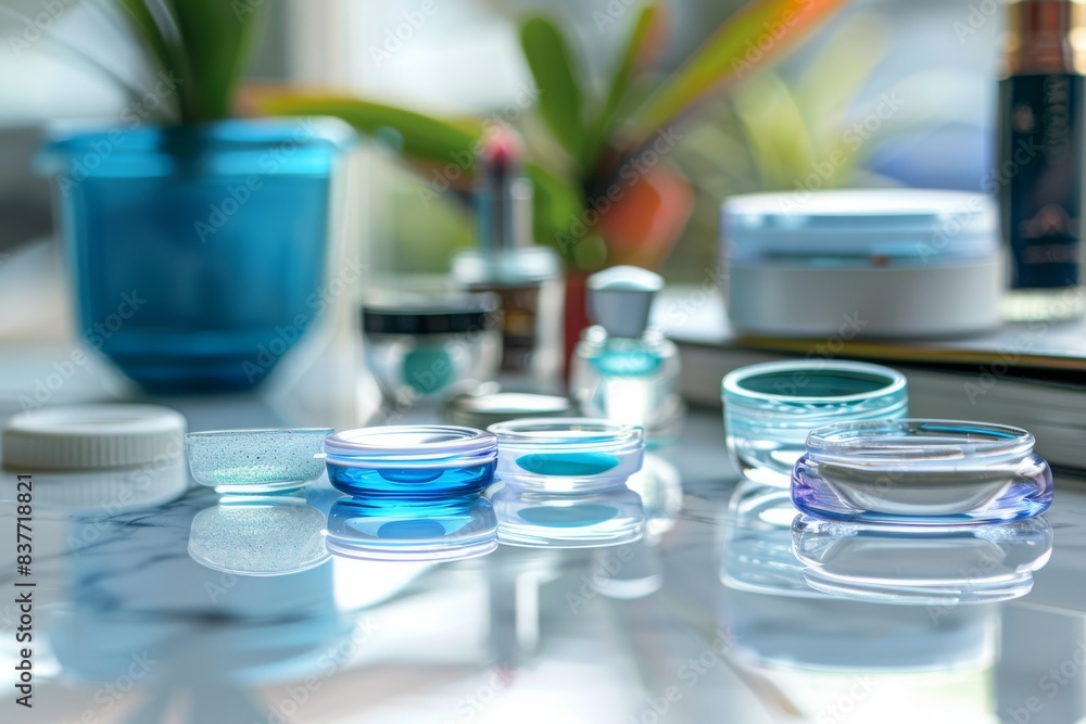 Contact lens accessories and products on table Contact lens accessories and products on table