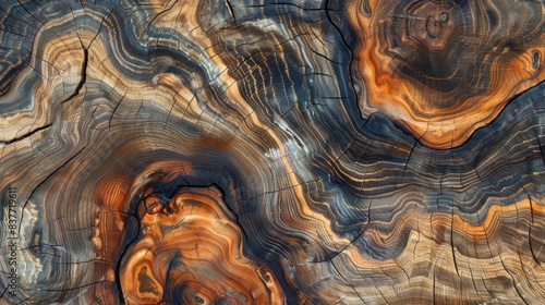 Abstract natural texture of polished petrified wood displaying vibrant colors and intricate patterns from ancient tree rings.
