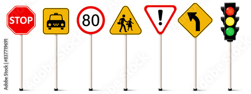 Set of road signs, Traffic signs. Stop, Taxi, Maximum speed, School crossing, Danger, Left curve, Traffic light symbol.