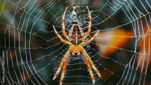  A tight shot of a solitary spider in the heart of its intricately woven web Another spider inhabits the center of an adjacent web nearby