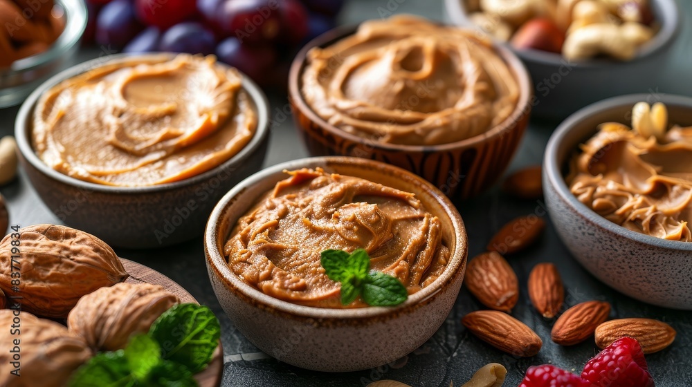 Assorted nut butters in ceramic bowls with various nuts and fruits on a rustic table. Perfect for healthy eating and culinary visuals. Assorted nut butters in ceramic bowls with various nuts and fruits on a rustic table. Perfect for healthy eating and culinary visuals.