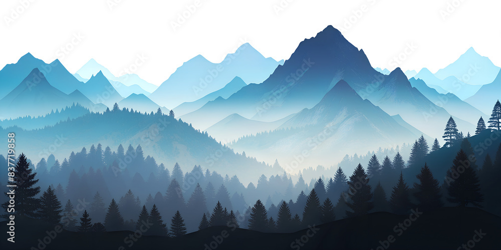 Obraz premium Misty blue mountain landscape with pine trees png isolated on transparent background