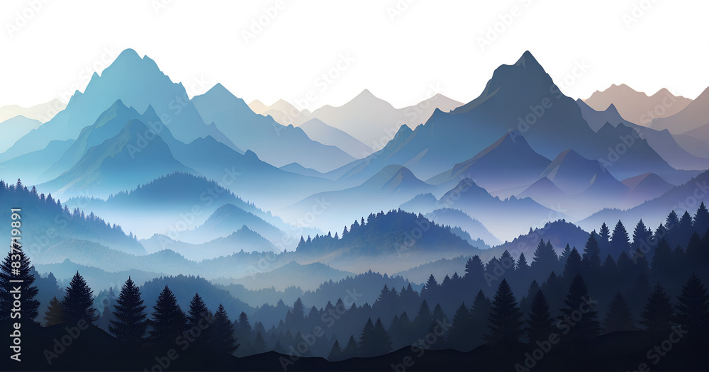 Misty blue mountain landscape with pine trees png isolated on transparent background Misty blue mountain landscape with pine trees png isolated on transparent background
