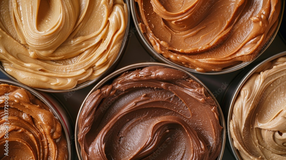 Assorted nut cream spreads in different flavors and colors arranged in a circular pattern, top view. Perfect for food and culinary projects. Assorted nut cream spreads in different flavors and colors arranged in a circular pattern, top view. Perfect for food and culinary projects.