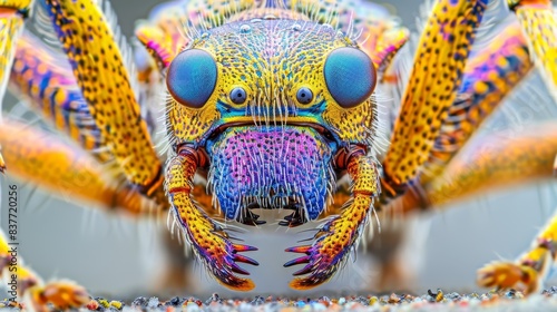  A detailed shot of an insect's head and legs, adorned with a vibrant blue, yellow, pink, and orange exoskeleton