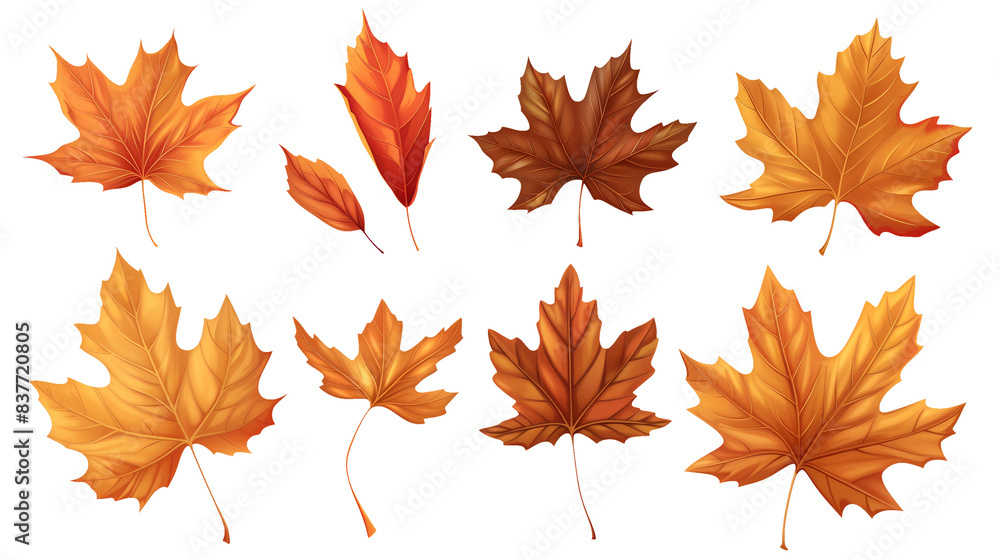 A set of maple autumn leaves isolated on a transparent background A set of maple autumn leaves isolated on a transparent background