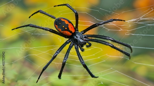  A detailed shot of a spider displaying red and black markings on its dorsal side, and yellow and black spots on its abdominal front © Mikus