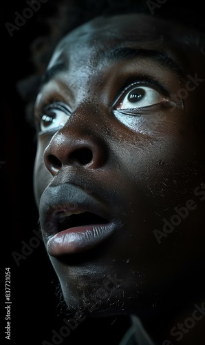 A close up of a man with dark skin looking at something. AI.