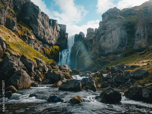 A waterfall cascading down mosscovered rocks, set against an epic backdrop of towering mountains and vibrant blue skies in Iceland's natural beauty.