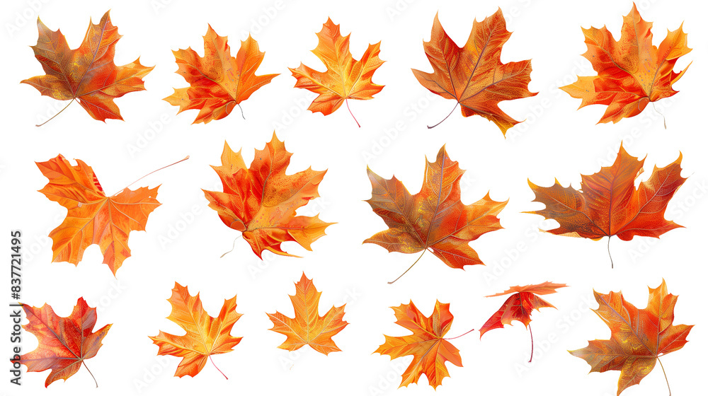 A set of maple autumn leaves isolated on a transparent background A set of maple autumn leaves isolated on a transparent background