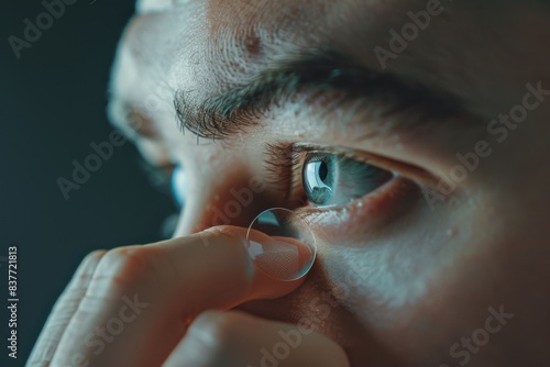 Close-up of man holding contact lens