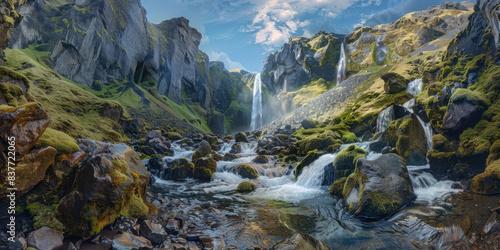 A waterfall cascading down mosscovered rocks  set against an epic backdrop of towering mountains and vibrant blue skies in Iceland s natural beauty.