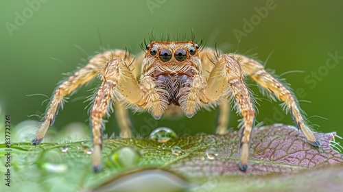  A tight shot of a spider perched on a wet leaf, surrounded by a verdant sea of foliage and adorned with water droplets on its back legs and head © Mikus