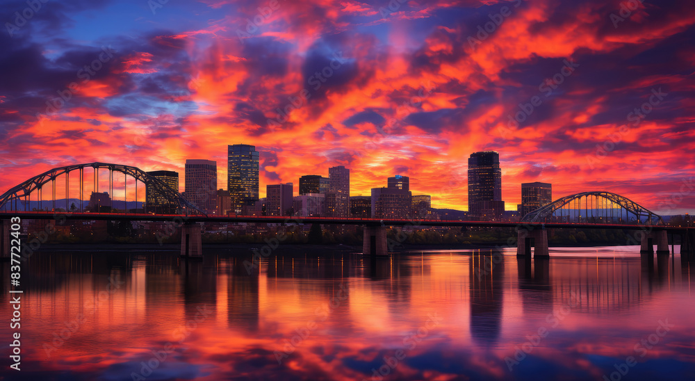 Naklejka premium Vibrant City Skyline at Sunset