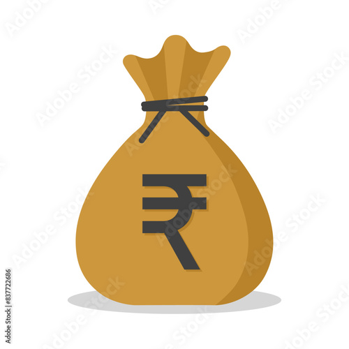 Money sack with Rupee currency symbol in brown color vector illustration. Rupee sack icon. Cartoon sack money bag with full of rupees.