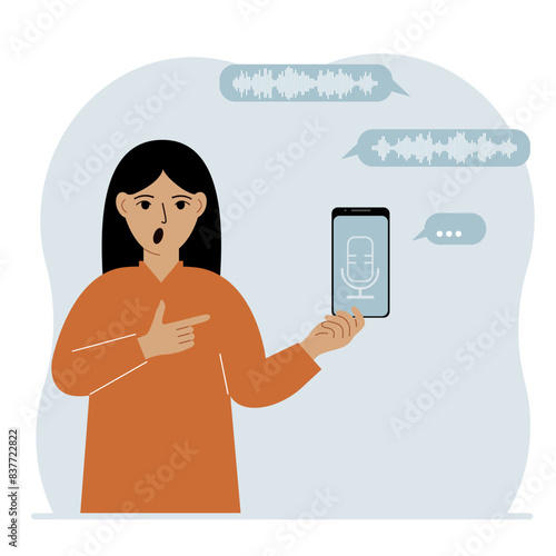 A woman holds a smartphone using a voice assistant application. Voice recognition concept. Smart speaker applications, office controller, hands-free phone calls, voice command software. Vector flat il