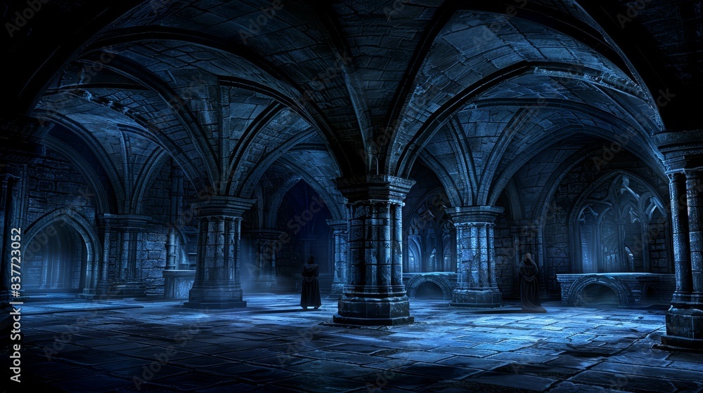Obraz premium A dark room with columns; a person stands amidst the shadows, as a single light illuminates the floor