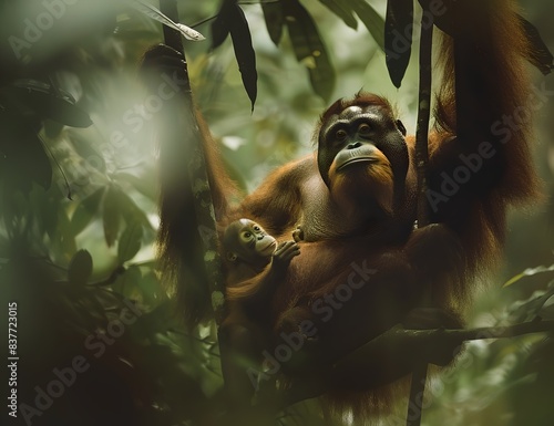 Mother and baby orangutan in a dense forest. Nature is beautiful. Wild animals thrive in their habitat. Perfect for nature magazines, educational materials, or environmental campaigns. Generative AI photo