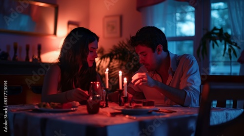 An intimate atmosphere as a couple enjoys a romantic candlelit dinner  with a focus on the ambient lighting and food