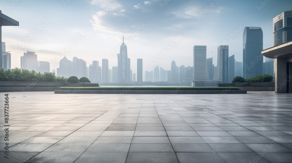 Modern Urban Skyline and Plaza at Sunrise Modern Urban Skyline and Plaza at Sunrise