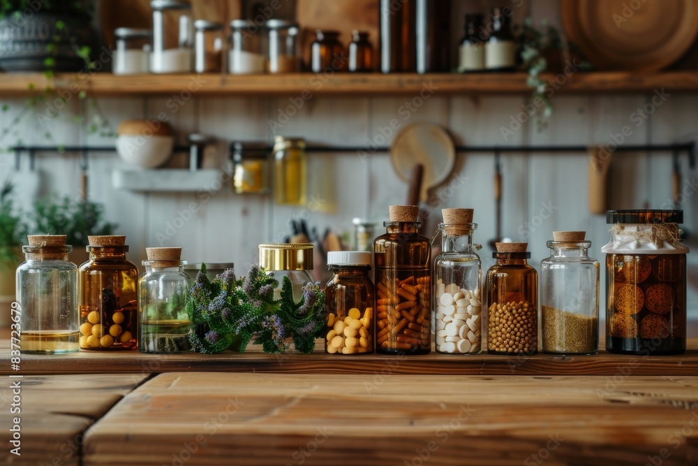 Capsules and bottles of essence of natural medicine with medicinal plants on wooden table in rustic kitchen. Front view. Horizontal composition. Capsules and bottles of essence of natural medicine with medicinal plants on wooden table in rustic kitchen. Front view. Horizontal composition.
