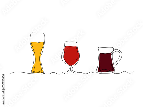 set of three beer glasses,continuous single line art drawing sketch, logo