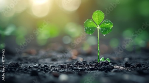  A tiny green plant emerges from the earth, adorned with water beads on its leaves In front, a blurred backdrop of sunrays casts a radiant glow photo